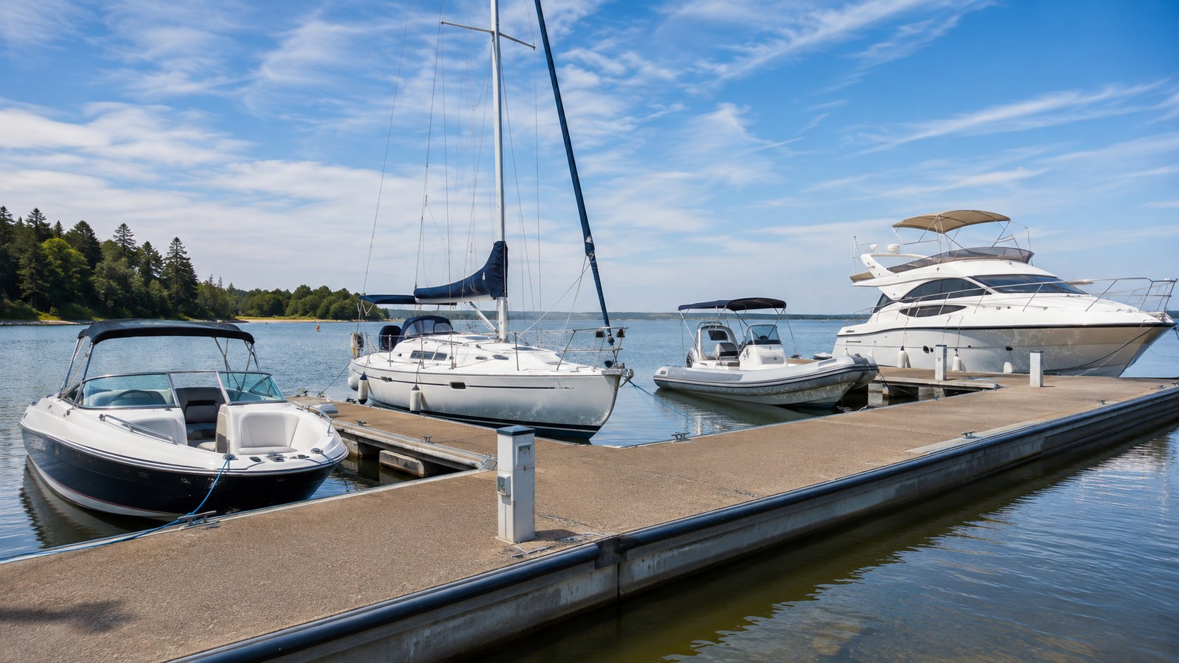 Verschiedene Boote nebeneinander am Steg