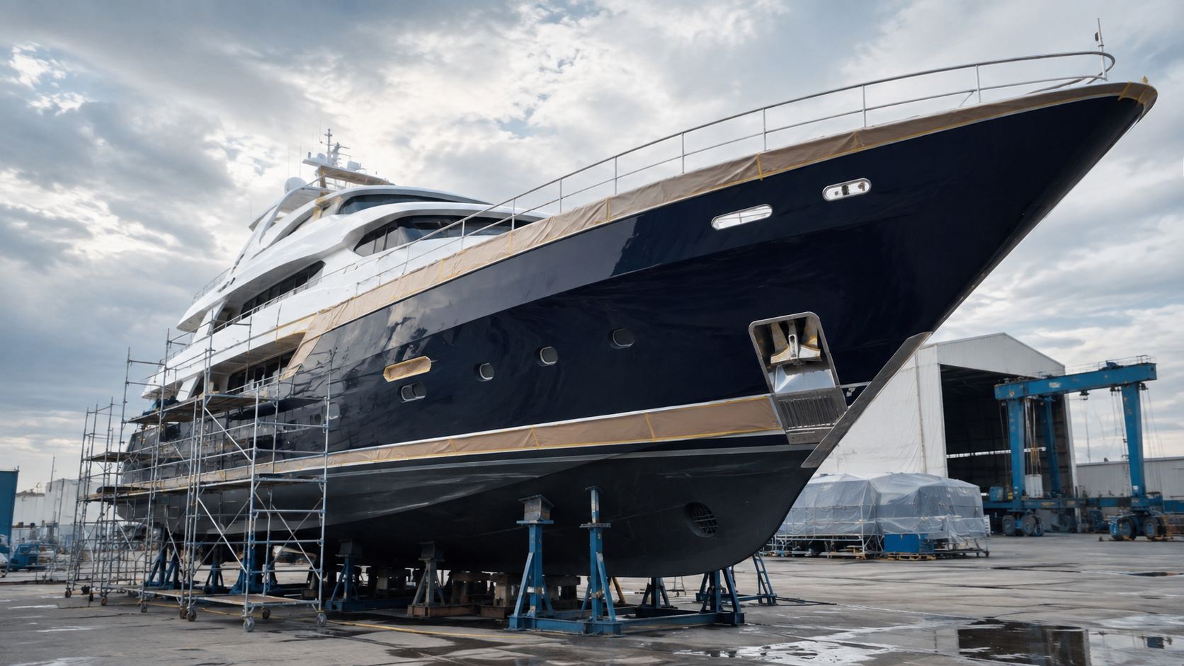 Motoryacht aufgebockt auf dem Gelände einer Refit-Werft