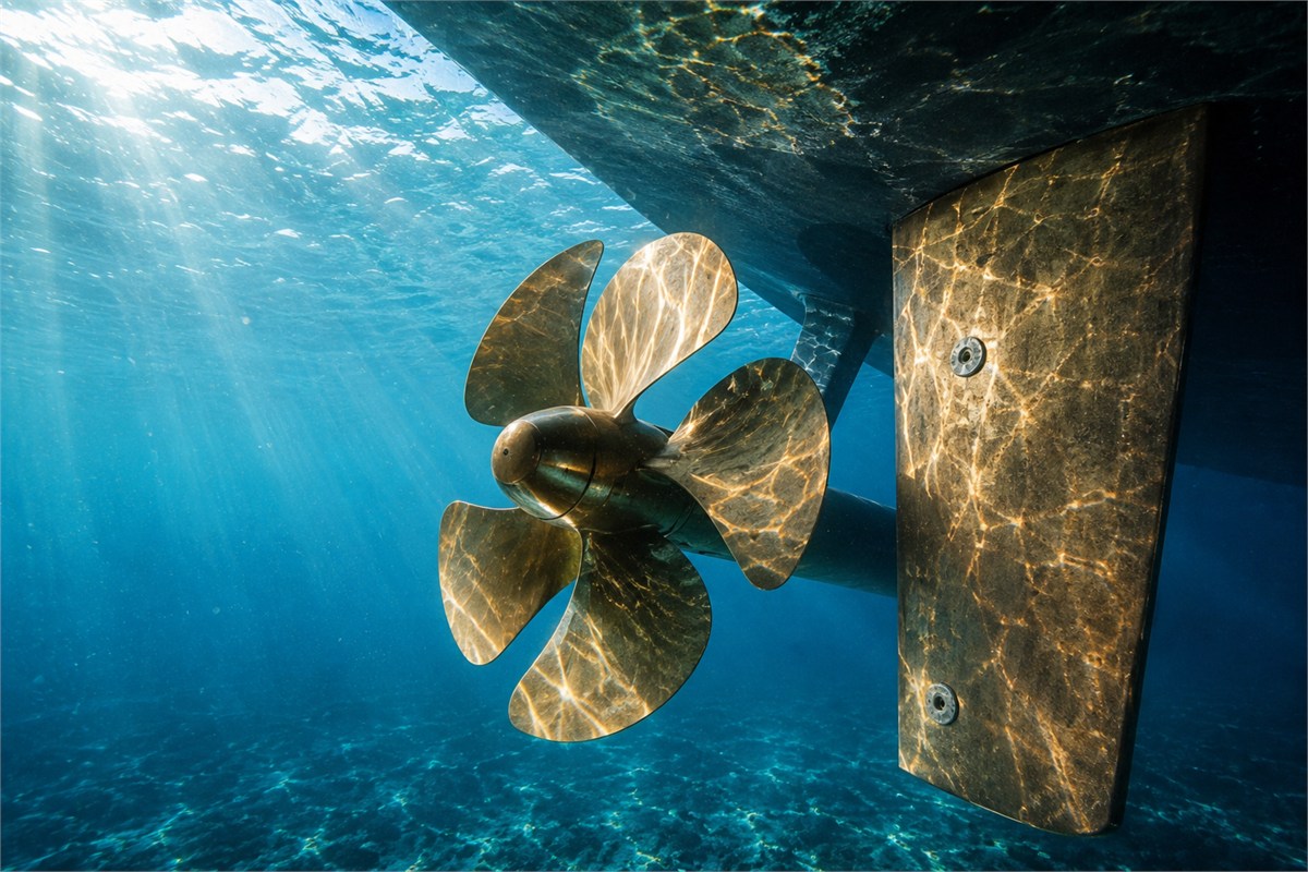 Bronzepropeller und Ruderblatt unter Wasser