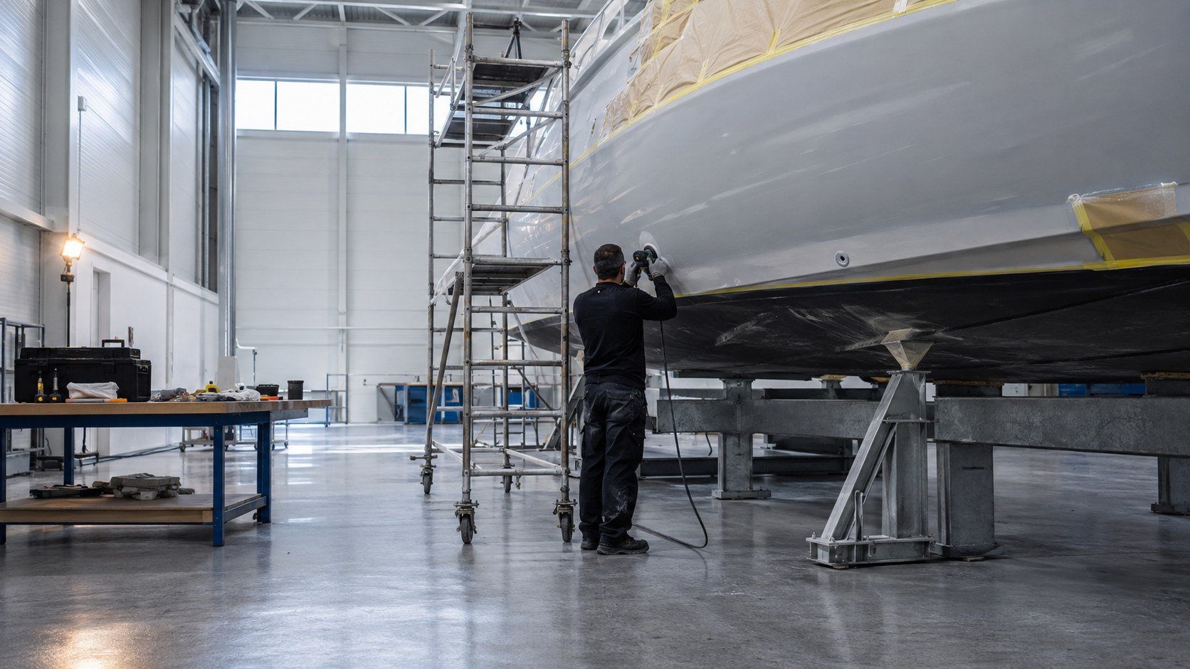 Arbeiten am Rumpf in einer Refit-Halle