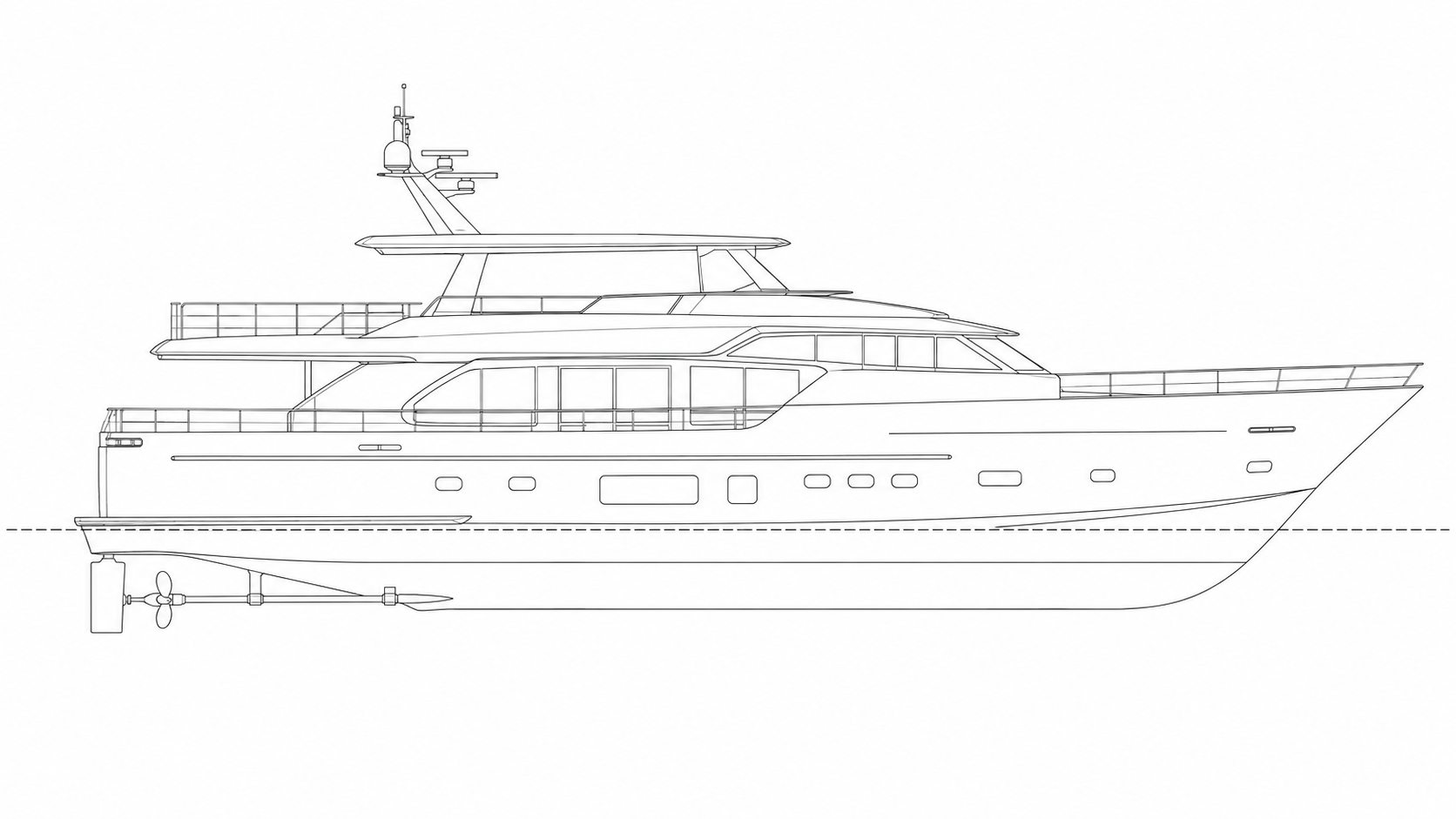 Technische Seitenansicht einer Motoryacht